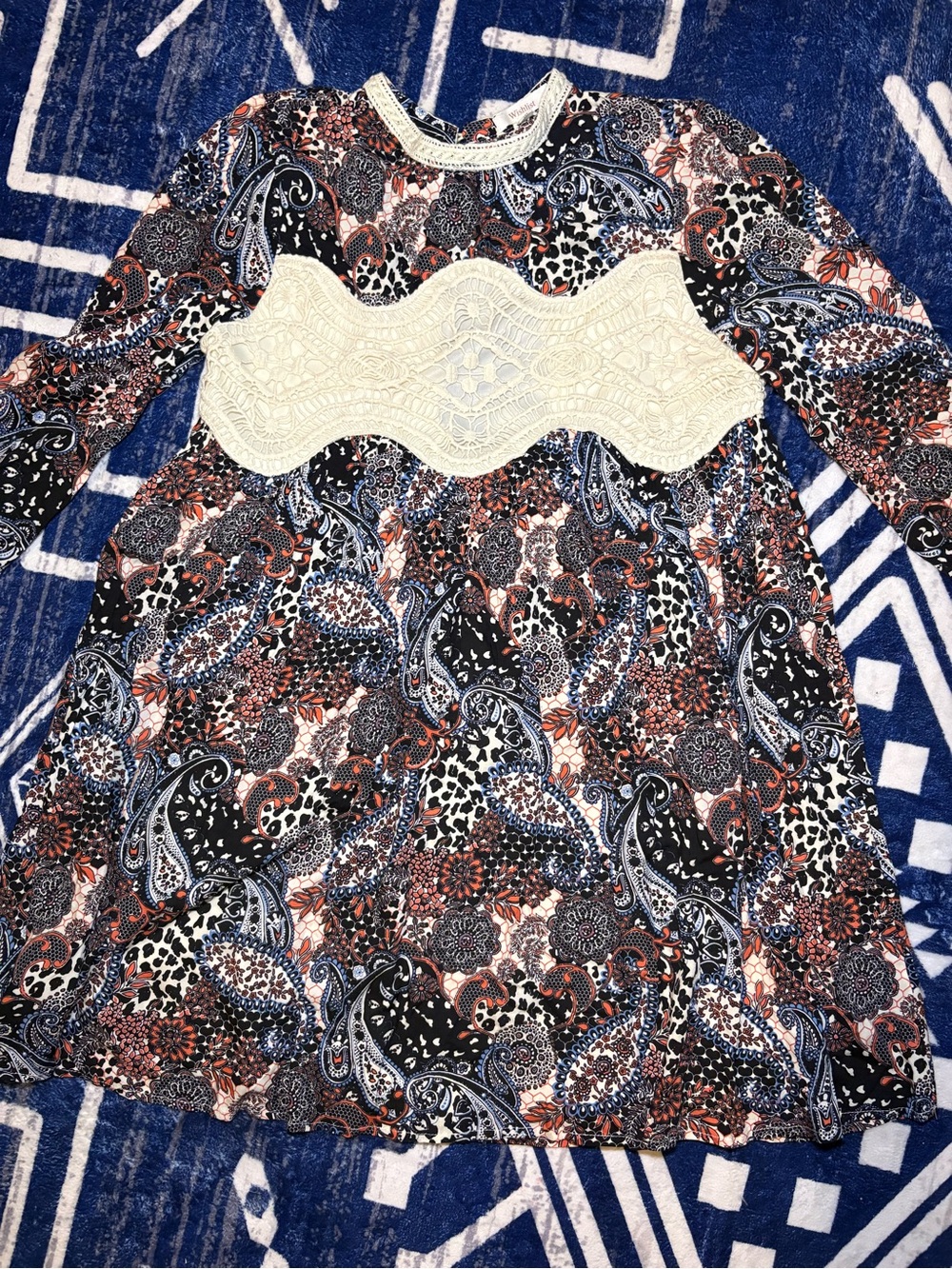 Wishlist Paisley Print Mini Dress with Cream Lace Panel